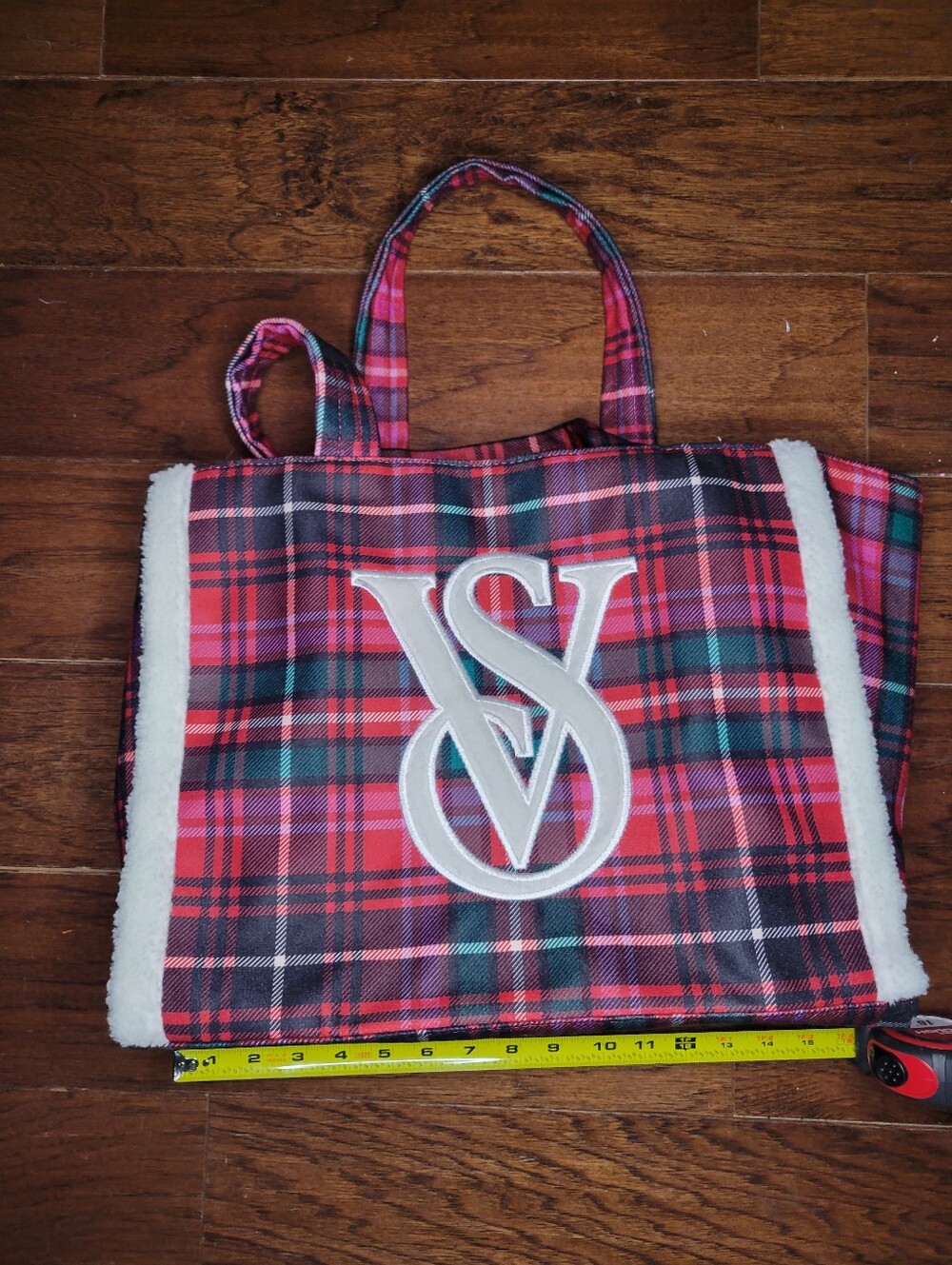 Victorias Secret Plaid Holiday Tote Bag with Monogram Accent in Red and Green